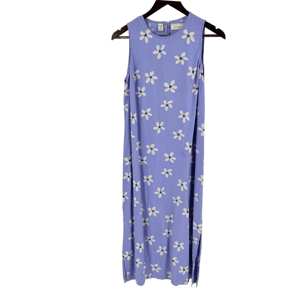 Vintage 90s Lord & Taylor Dress Periwinkle PS 100% Silk Floral Daisy Sleeveless